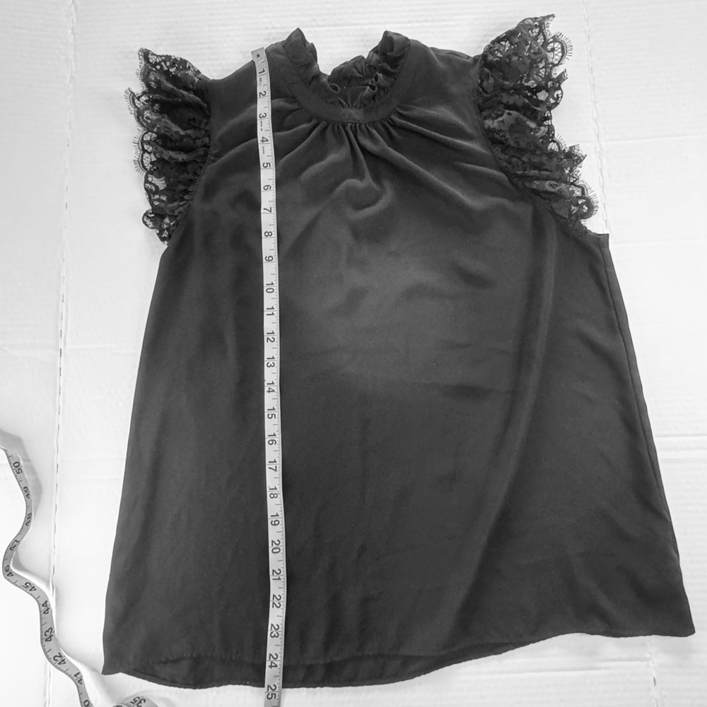 Express Black Lace Sleeve Blouse Ruffle Neck Sleeveless Top Size M Elegant Chic - Picture 6 of 11